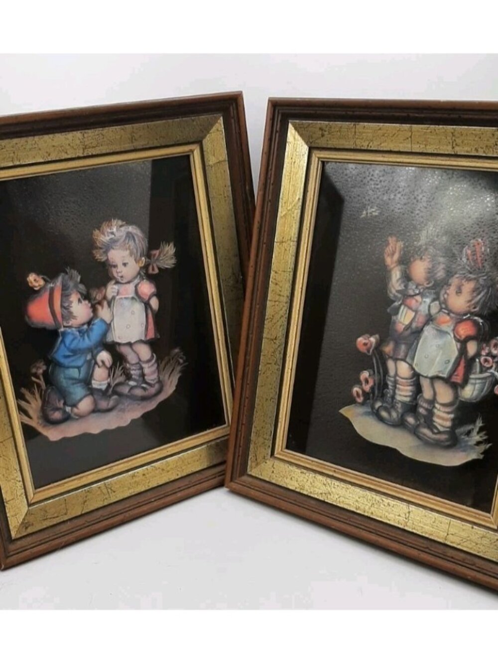 Vintage 3D Paper Tole Shadow Box Pictures Set of 2 Hummel Style Framed Prints